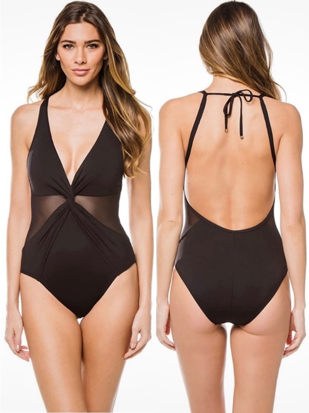 Michael Kors Black Illusion V-Neck One Piece Swimsuit size 10